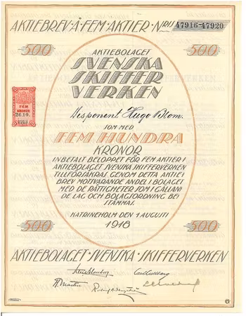 Svenska Skiffer Verken, AB, 500 kr