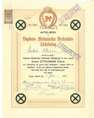 Vaplans Mekaniska Verkstads AB, 1910