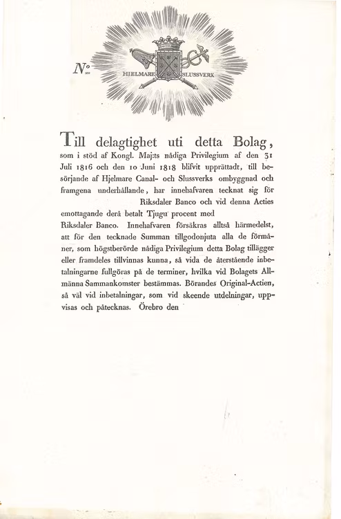Hjelmare Canal-och Slussverks Bolag 1818