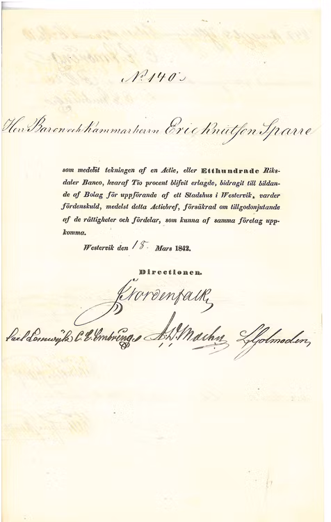 Bolag i uppförande af ett Stadshuse i Westervik 1842