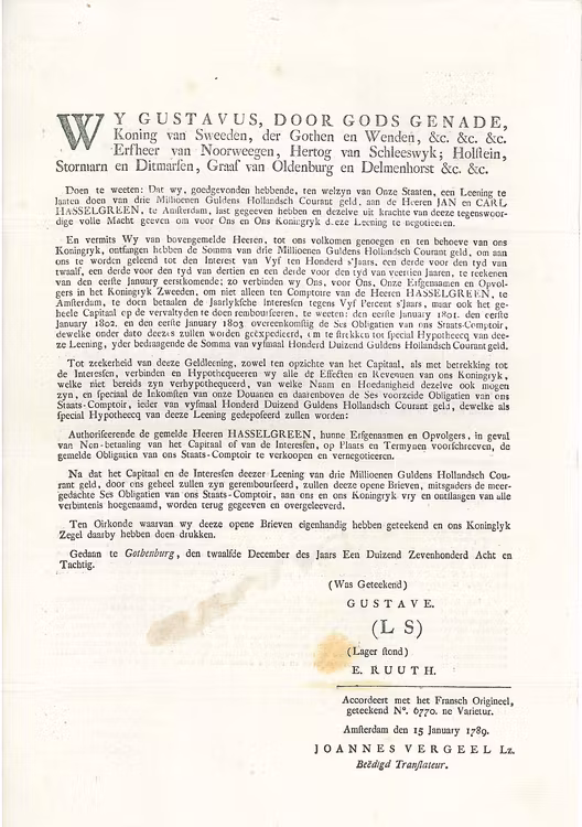 Gustav III-s Holländska Obligationslån på 3 Miljoner