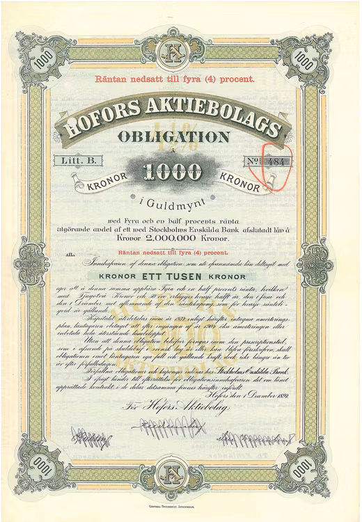 Hofors AB, 4%, 1000 kr i Guldmynt