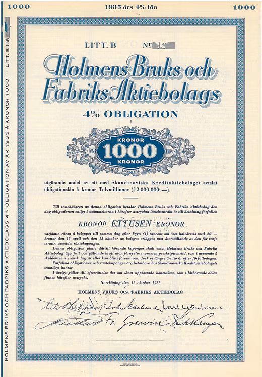 Holmens Bruks och Fabriks AB, 4 %, 1000 kr