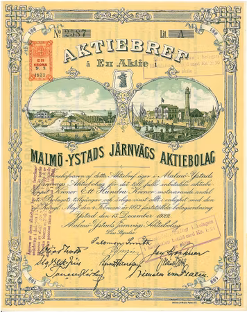 Malmö-Ystads Järnvägs AB, 100 kr, 1922