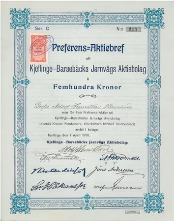 Kjeflinge-Barsebäcks Jernvägs AB, 500 kr, 1910,