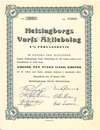 Helsingborgs Varfs AB, 6 % Förlagsbevis