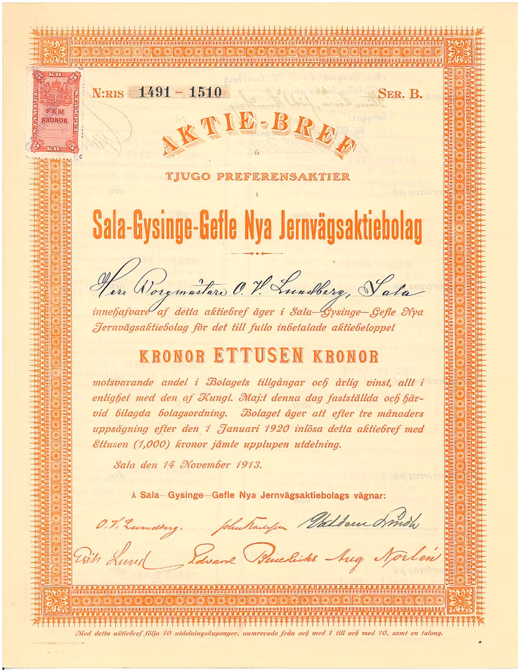 Sala-Gysinge-Gefle Nya Jernvägs AB, 1 000 kr 1913