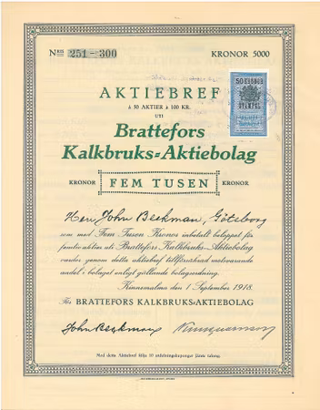 Brattefors Kalkbruks AB, 5 000 kr, 1918