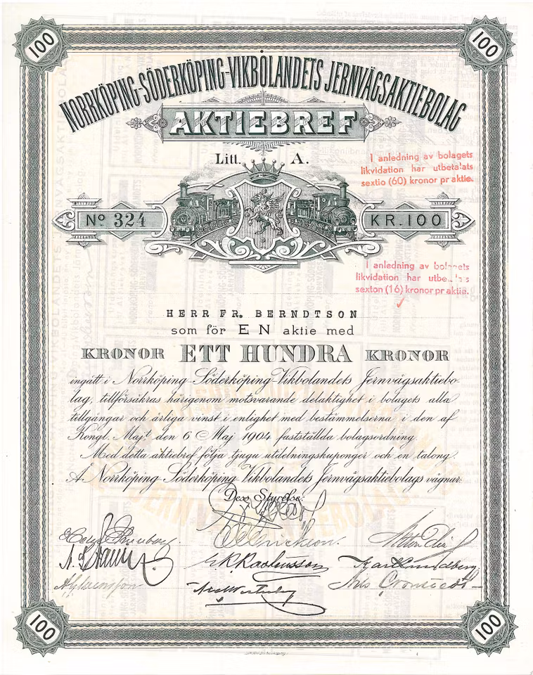 Norrköping-Söderköping-Vikbolandets Jernvägs AB 100 kr