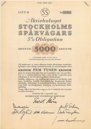Stockholms Spårvägars, AB , SS, 3% Obligation