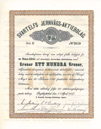 Svartelfs Jernvägs AB 1 000 kr, Stam-aktier