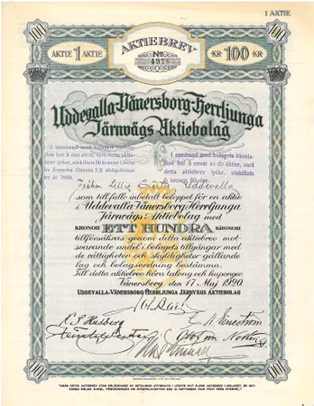 Uddevalla-Vänersborg-Herrljunga Järnvägs AB 100 kr, 1920
