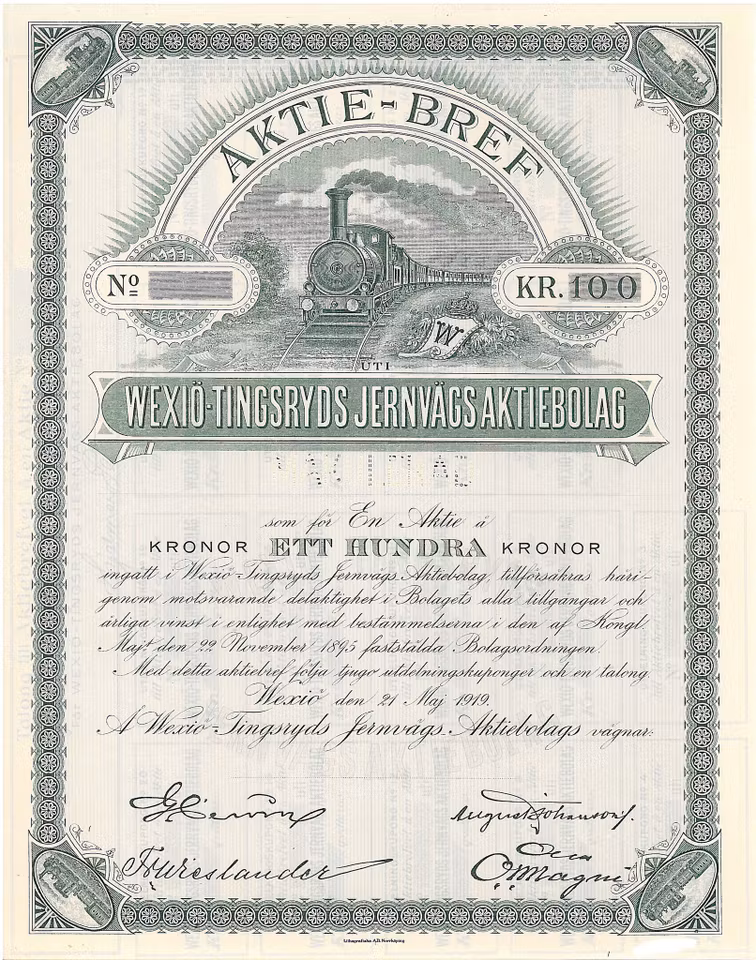 Wexiö-Tingsryds Jernvägs AB, 100 kr, 1919