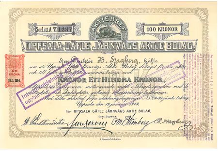 Uppsala-Gäfle Järnvägs AB, 100 kr, 1889