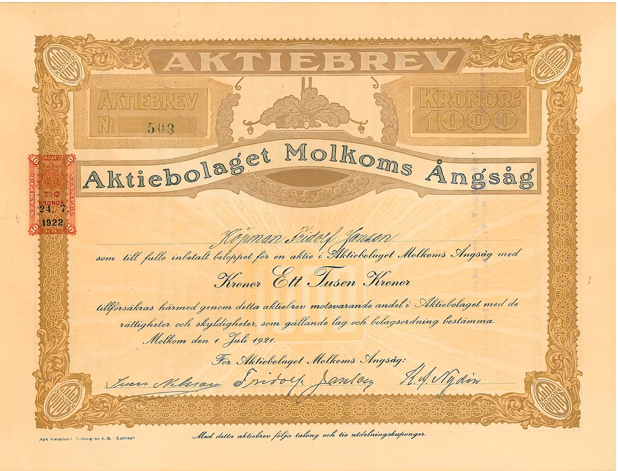 Molkoms Ångsågs, AB, 1000 kr