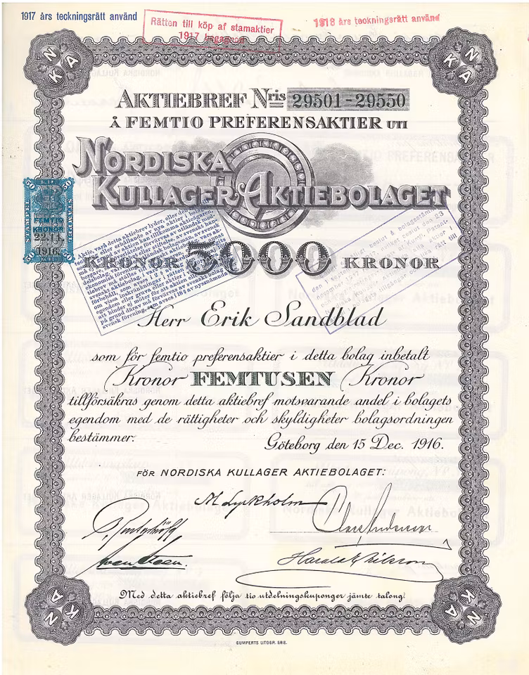 Nordiska Kullager, AB, 5 000 kr