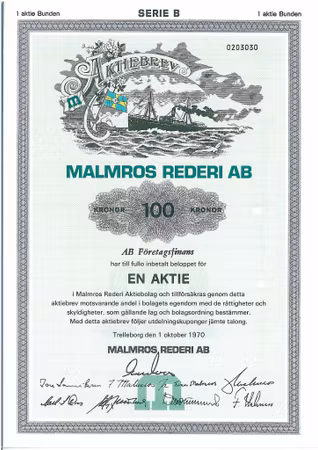 Malmros Rederi AB, 100 kr, 1970