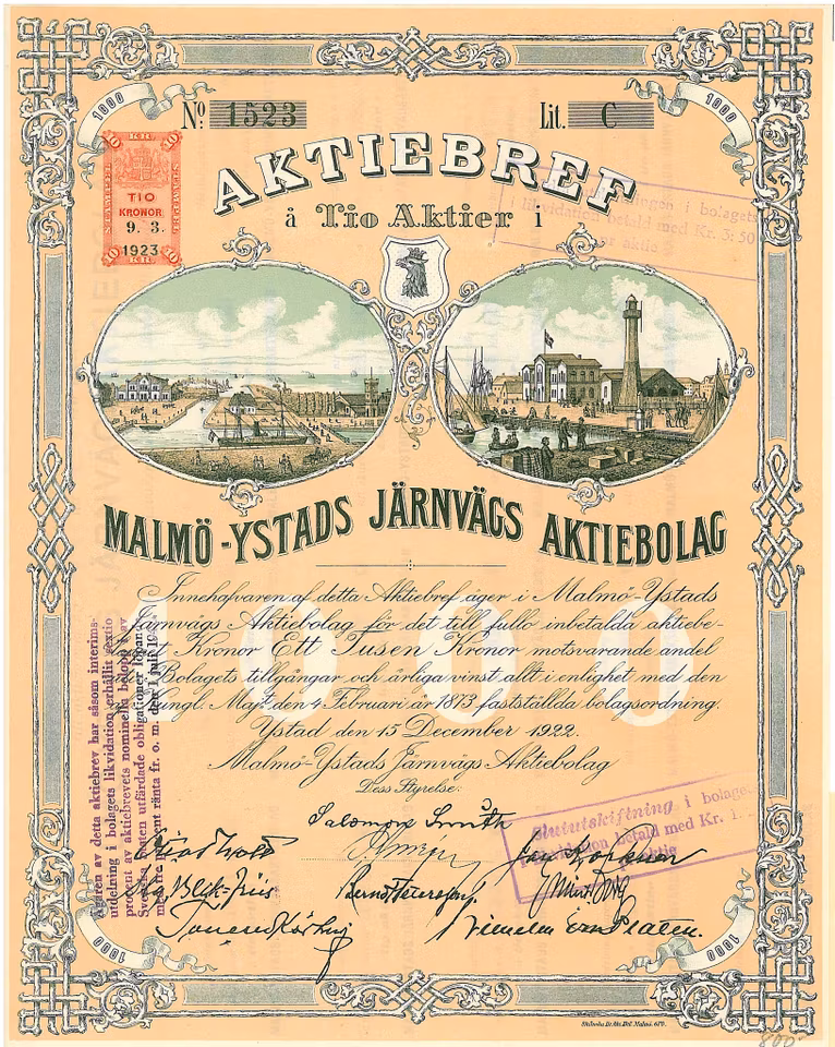 Malmö-Ystads Järnvägs AB, 1000 kr, 1922