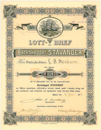 Barkskeppet Stavanger, 500 kr, 1898, Malmö