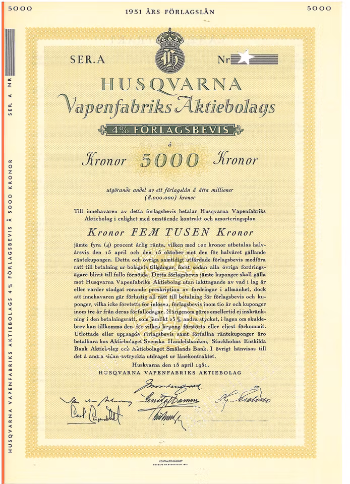 Husqvarna Vapenfabriks AB, 5000 kr 4 % Förlagsbevis