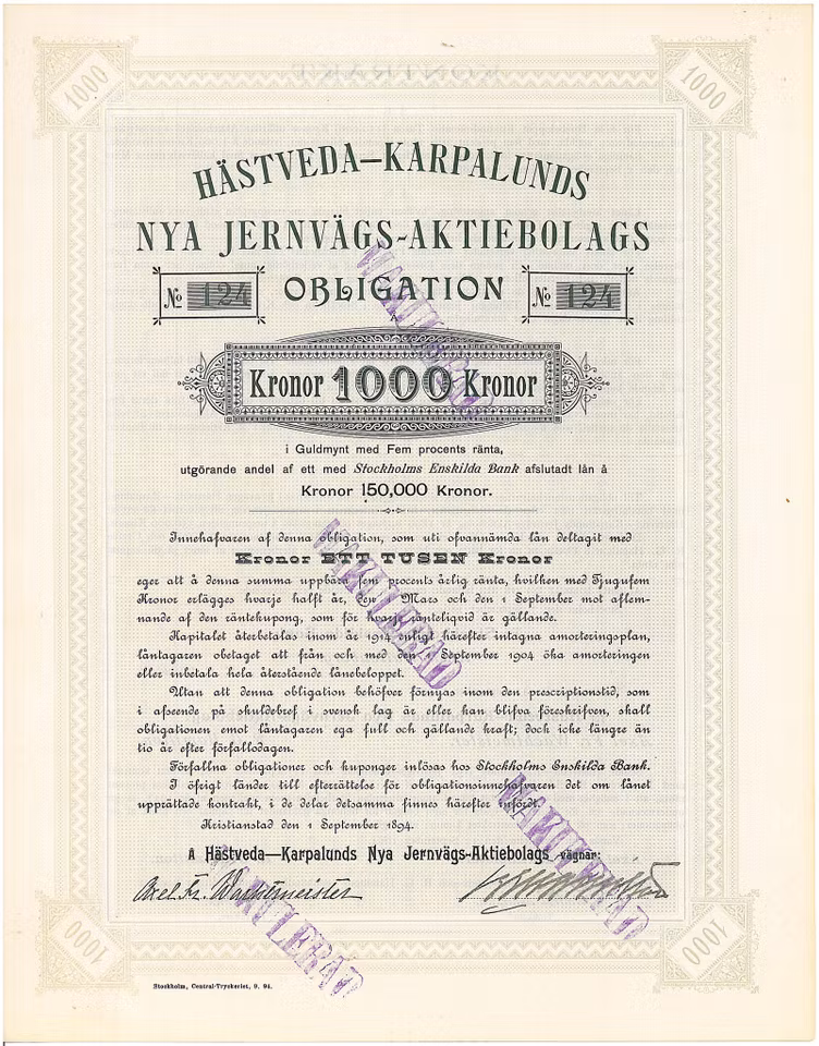 Hästveda-Karpalunds Nya Jernvägs-AB, Obligation