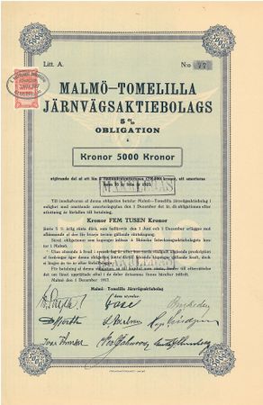 Malmö-Tomelilla Järnvägs AB obligation