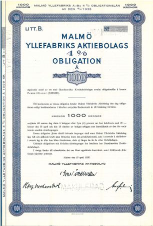 Malmö-Yllefabriks AB, Obligation