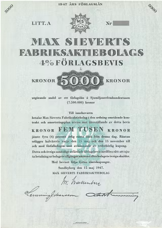 Max Sieverts Fabriks AB, Förlagsbevis