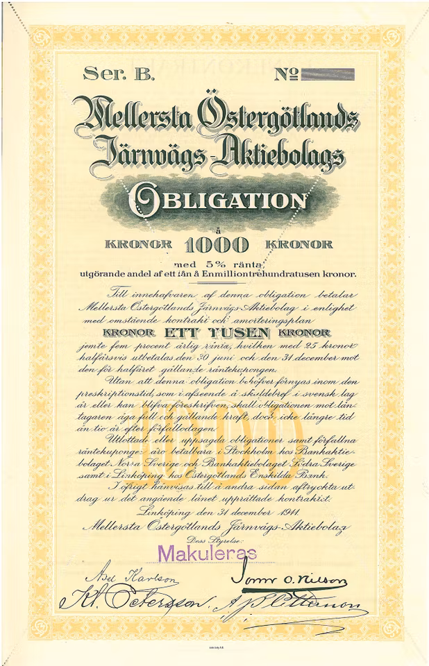 Mellersta Östergötlands Järnvägs AB, Obligation