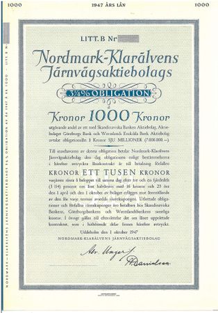 Normark-Klarälvens Järnvägs AB Obligation