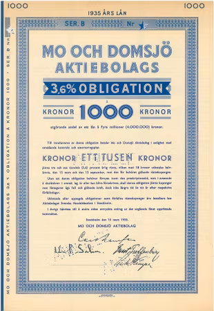 Mo och Domsjö AB, Obligtion, 1935