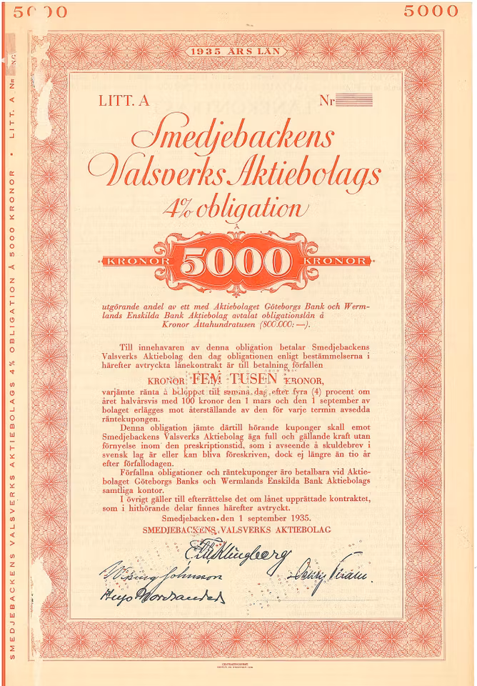 Smedjebackens Valsverks AB, Obligation