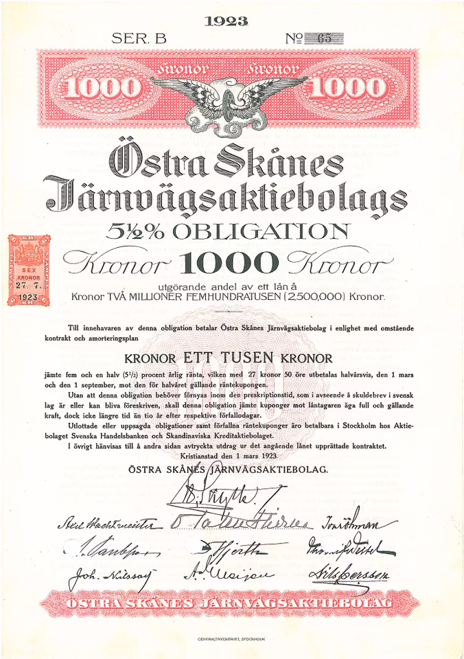 Östra Skånes Järnvägs AB, Obligation, 1923
