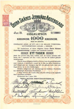 Östra Skånes Järnvägs AB, Obligation, 1910