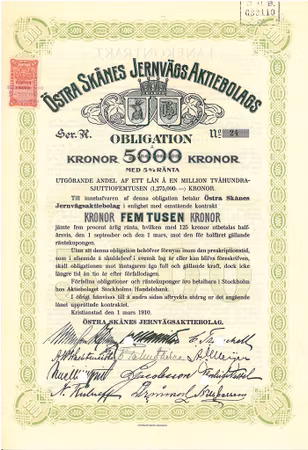 Östra Skånes Järnvägs AB, Obligation, 1910