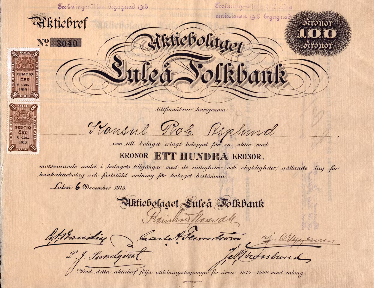 Luleå Folkbank, AB, 1913