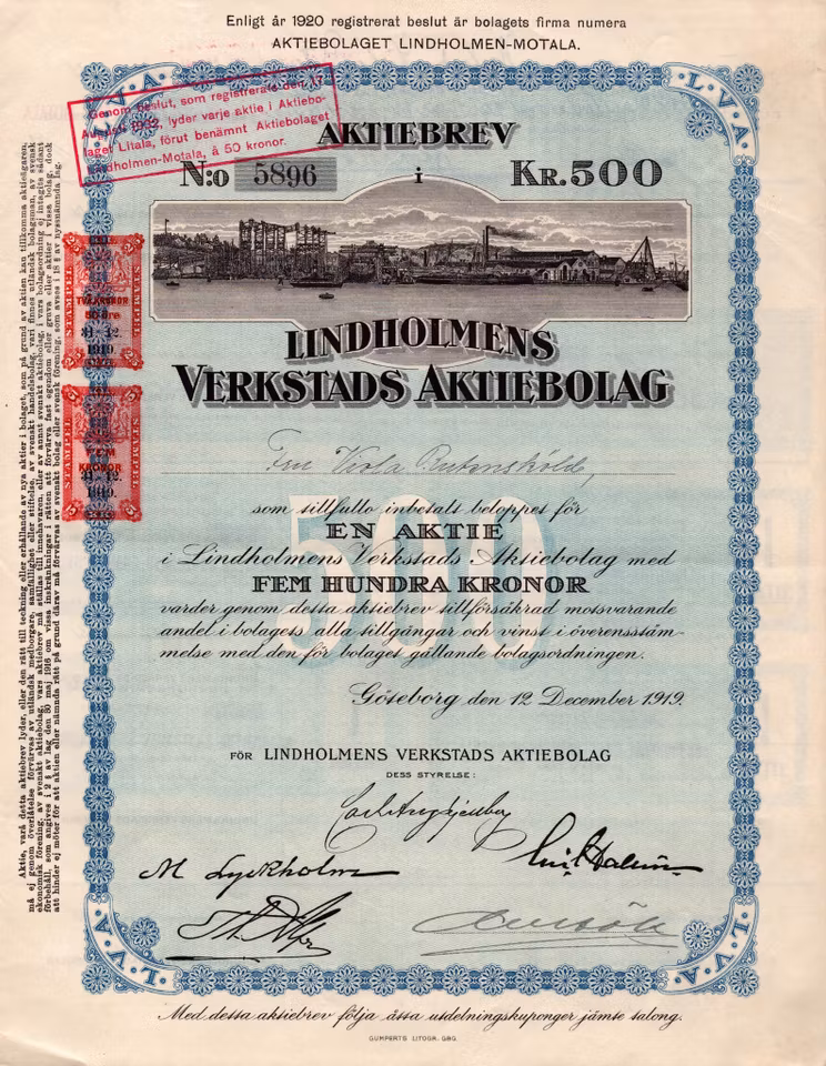 Lindholmens Verkstads AB, 500 kr, 1919