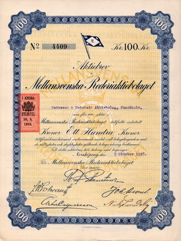 Mellansvenska Rederi AB, 100 kr, 1918