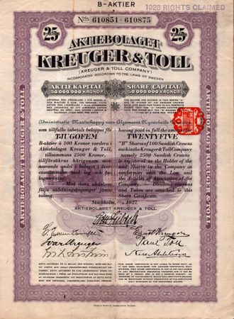 Kreuger & Toll, AB, 2500 kr