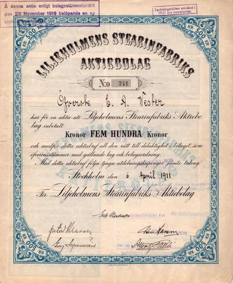 Liljeholmens Stearinfabriks AB, 1916