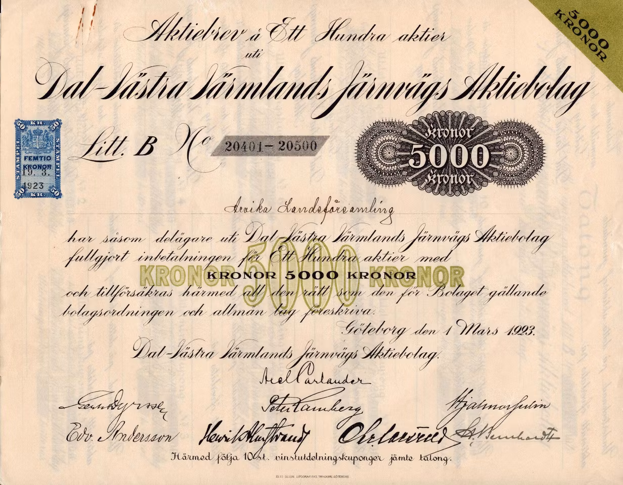 Dal-Västra Värmlands Järnvägs AB, 500 kr, 1923