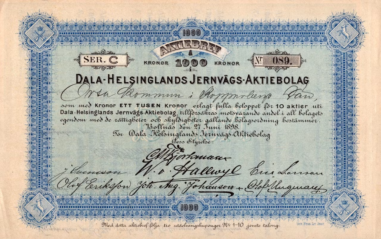 Dala-Helsinglands Jernvägs AB 1000 kr, 1898