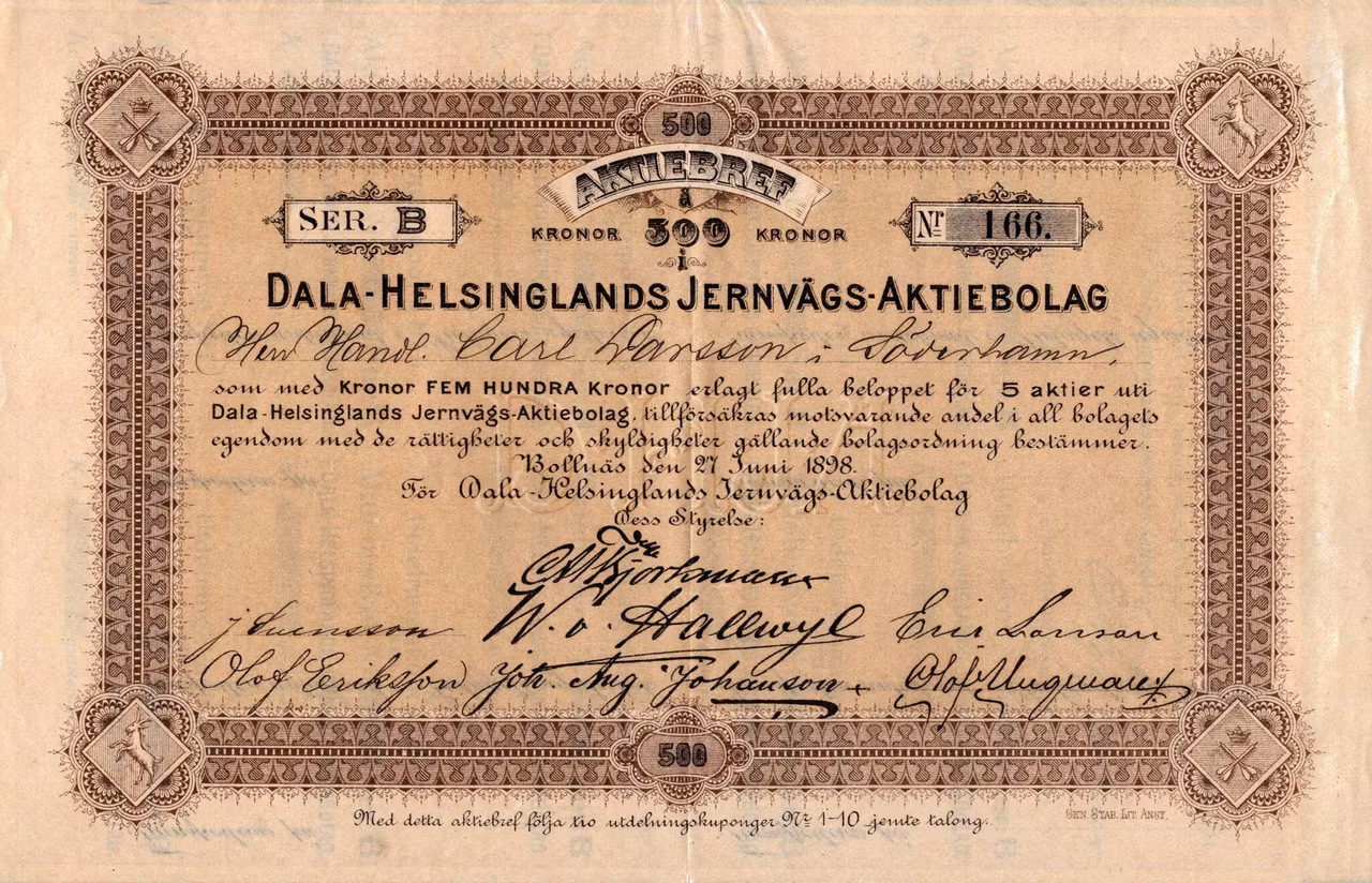 Dala-Helsinglands Jernvägs AB 500 kr, 1898