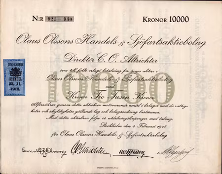 Olaus Olssons Handels & Sjöfarts AB, 10 000 kr, 1918