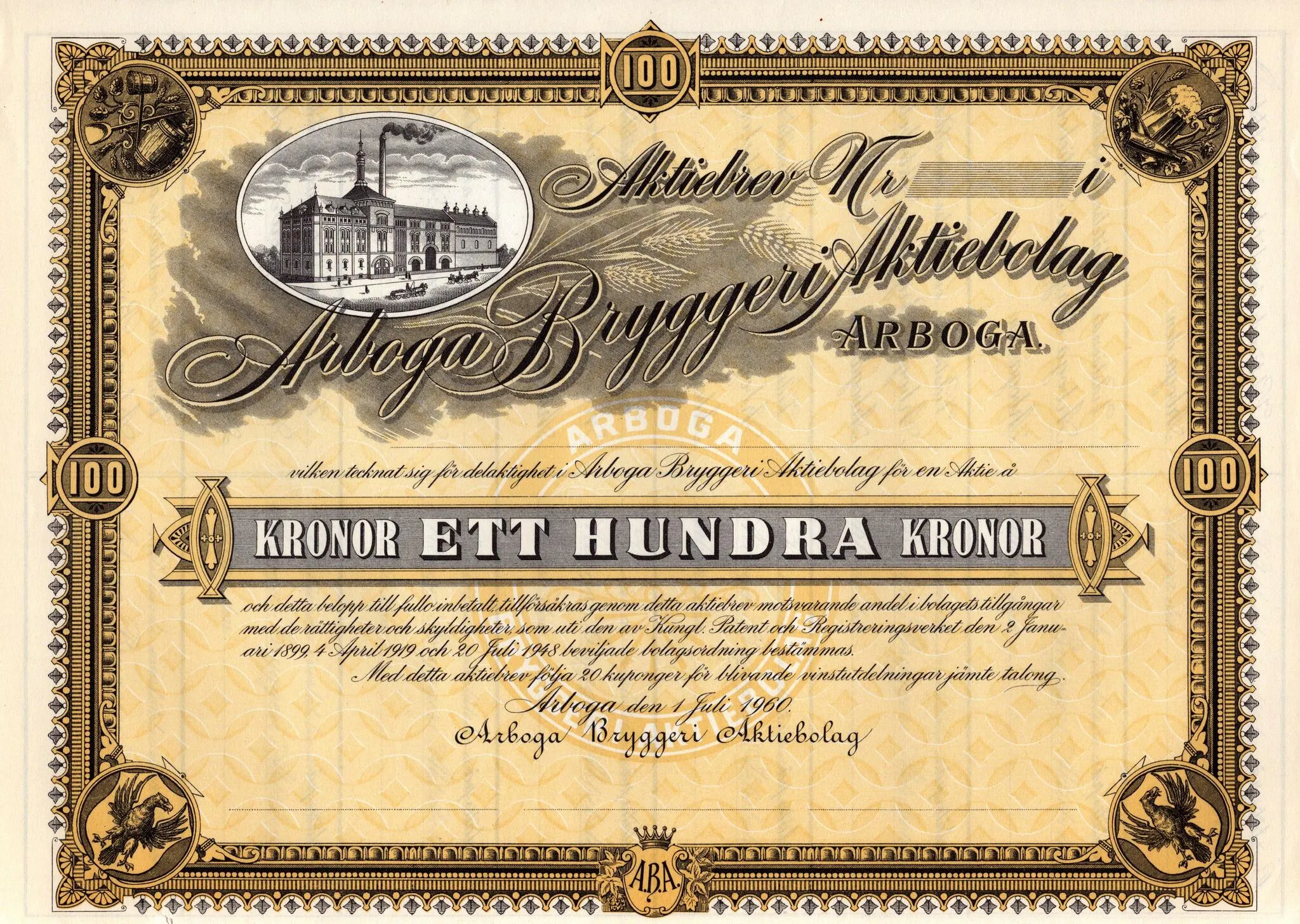 Arboga Bryggeri Aktiebolag, 100 kr 1960 - Strandbergs Mynthandel o ...