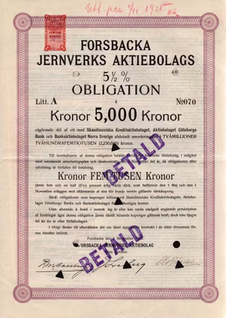Forsbacka Jernverks AB 5 1/2% Obl.