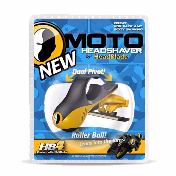 HeadBlade Razor Moto, revolutionerande rakhyvel för huvudet med svängbart rakblad som enkelt följer huvudets ojämna konturer.