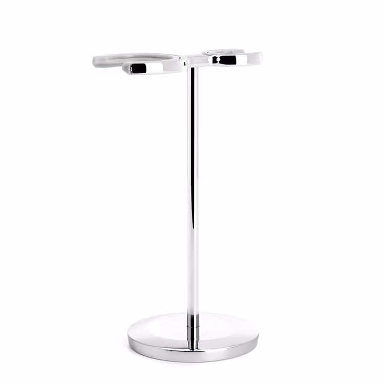 Mühle Rakställ Rytmo, ett klassiskt rakställ i krom för säkerhetshyvlar och rakborstar.