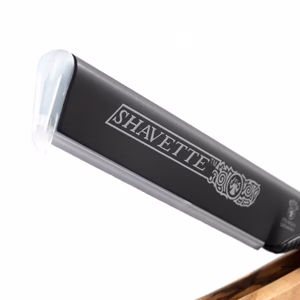 Dovo Shavette Olivträ, rakkniv med utbytbara blad i en snygg kombo av mattsvart aluminium och olivträ.