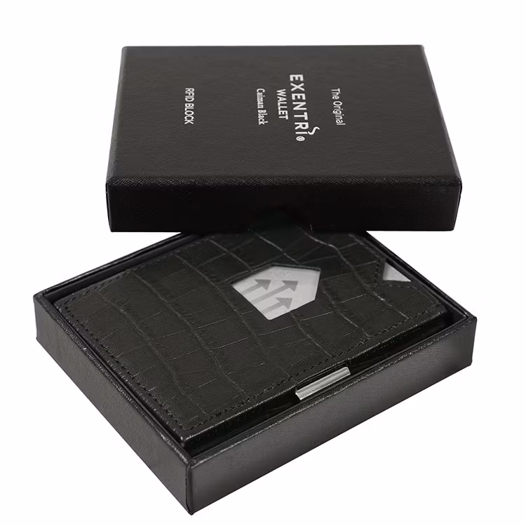 Exentri Wallet Caiman Black, smart plånbok designad för kort, sedlar och kvitton.